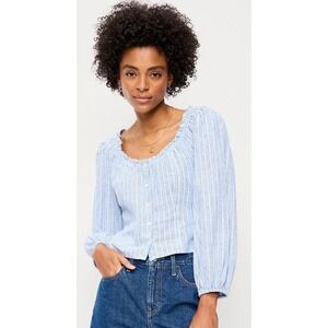Old Navy Blue White Striped Linen Blend Ruffle Neck Puff Sleeve Top Medium